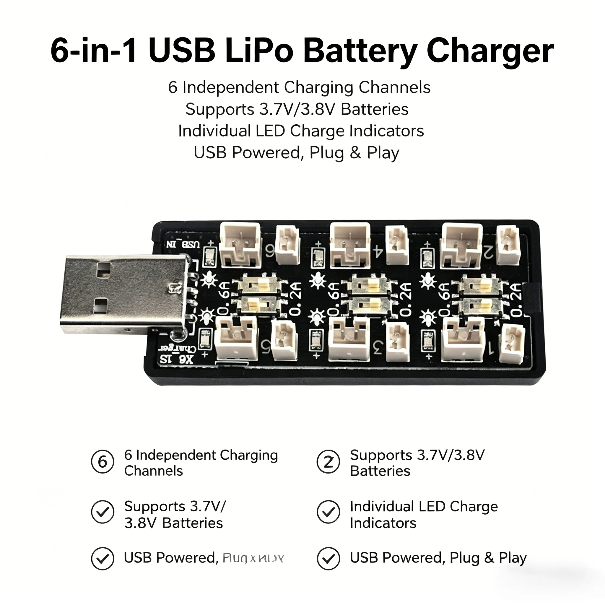 6-Channel 1S LiPo Battery Char - Drone Rc Board recension och pris